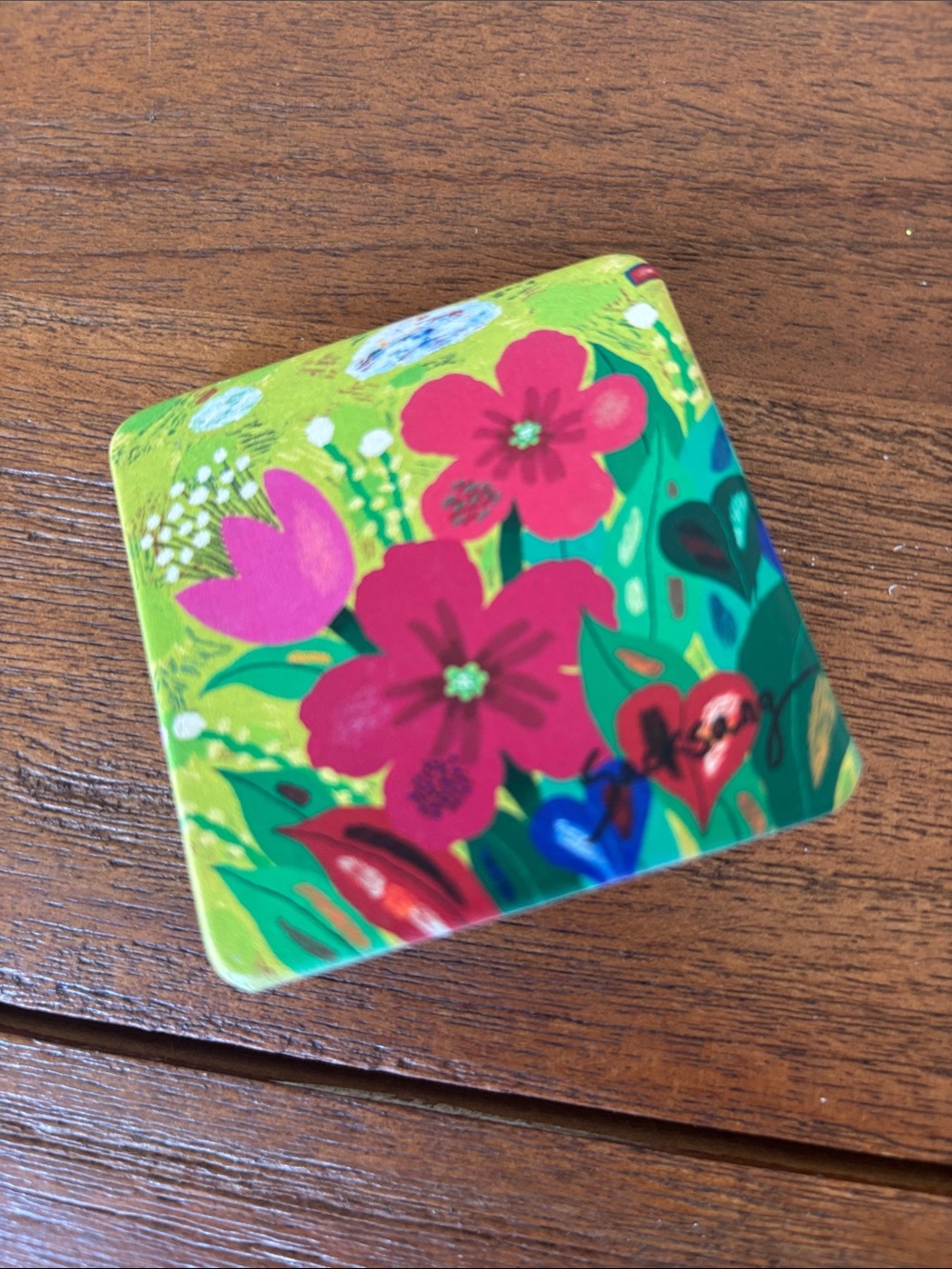 Floral Square Compact Mirror - Bright Green & Pink